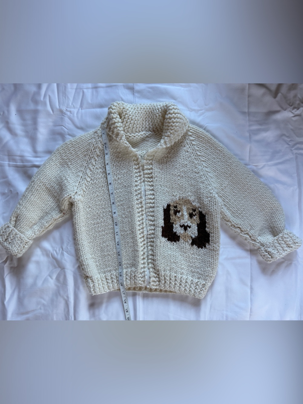 Handmade Cream Knit Baby Cardigan with Dog Motif